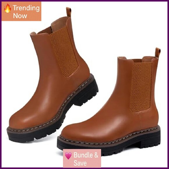 Leather Chelsea Ankle Boots Platform Chunky Heel Slip On Lug Sole - Picture 6 of 8